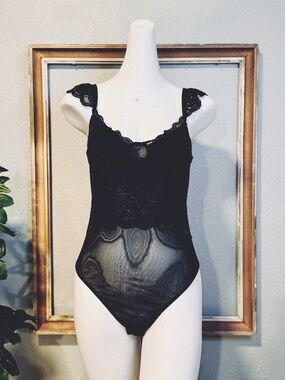 Just Peachy New York Black Sheer Lace Bodysuit Teddy Lingerie Women’s Large